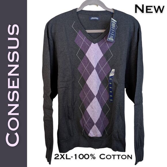 New Consensus Genuine Classic Men's Gray Purple Argyle Cotton Sweater Size 2XL - Picture 1 of 8